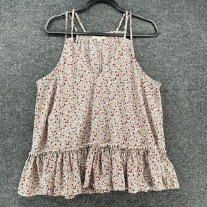 UMGEE Top Womens L White Red Floral V-Neck‎ Boho Fairy Cottagecore Prairie Farm